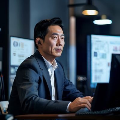 友田真希技术总监张宇翔的专业形象照，一位男性技术专家面对电脑屏幕，背景为整洁的技术工作台，展现出专注与专业的技术氛围